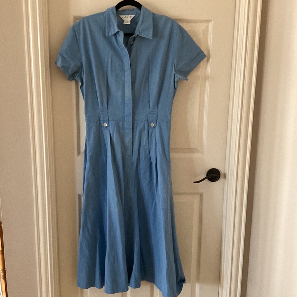 Orvis Vintage 1980s House Dress Maxi Long Button Down Blue Size 14 Casual EUC